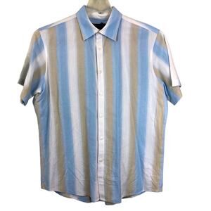 INC International Concepts Blue Tan Stripe Short Sleeve Button Front Shirt